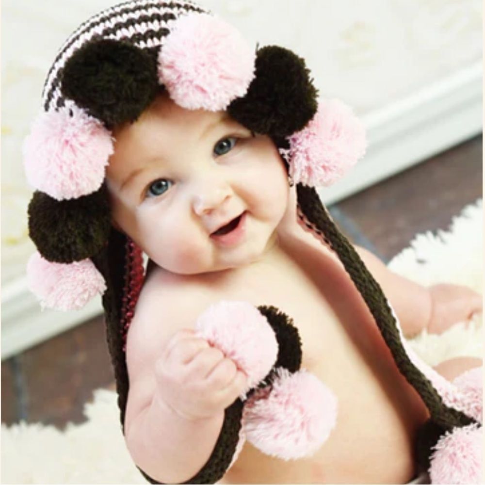 Bebe Chapeau Toddler Girl Patterson Hat Pink Brown Pom Poms 12-24 months NEW